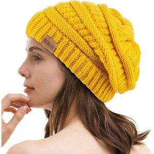 Women's Slouchy C2 Yellow Beanie Winter Warm Chunky Skull Cable Knit Hat Cap